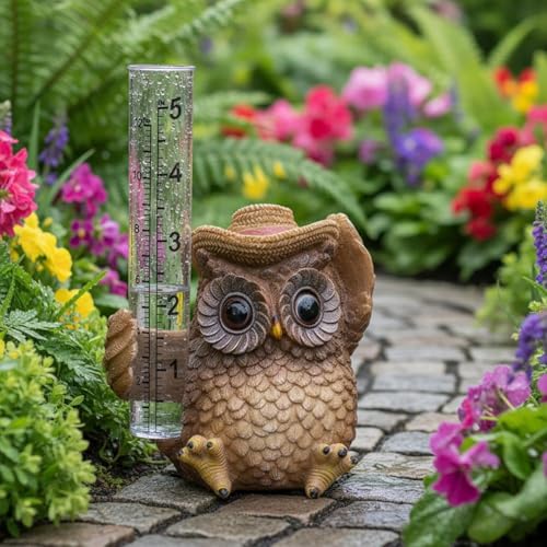 Outdoor Owl Rain Gauge Garden,Resin Figurine for Garden Decor, Patio Yard Ornament with Tube Bridge Collection Owl Raingauge Yard Decoration,Decorative Gift for HomeGarden