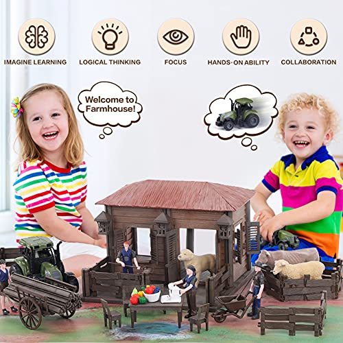 Lucky Doug Farm Animal House Toys Playset For Kids Toddlers Ages 3-8, 122 Pcs Building Toys Farmhouse Figures Pretend Play Set With 3 Animals, 4 Figures, A Tractor, 11" L X11 W X 8" H #TOP3
