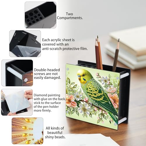 Image of DIY 5D Acrylic Diamond Painting Pen Holder - Vibrant Green Parrot Pencil Cup for Nature & Bird Decor, Perfect for Back to School Season, DIY Pencil Holder Crafts