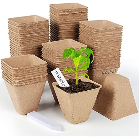 DSUWAZU 100PCS Peat Pots for Seedlings, 3.15 Inch Seed Starter Pots, Biodegradable Eco-Friendly Square Plant Seed Starter Peat Pots Germination Seedling Trays with, Bonus 20PCS Plant Labels Cover