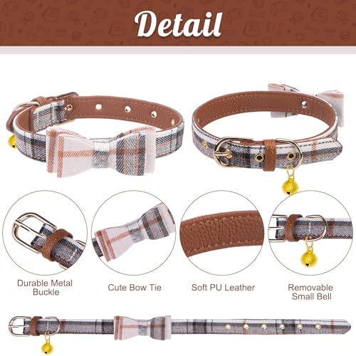 Image of EXPAWLORER Dog Collar and Leash Set - Classic Plaid Dog Collar with Bow Tie and Cute Bell, Dog Leash No Tangle, Adjustable Dog Collar for Small Medium Dogs Cats, Holiday Ideal Gift, Yellowish XS