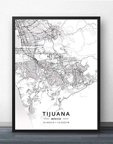 YMXCNM Cuadro Sobre Lienzo, Tijuana Mexico City Map Prints Posters Wall Painting Retro Art Painting Rectangle Pictures Pop Artwork For Living Room Bedroom Home Decor,40X50Cm/15.74X19.68 In