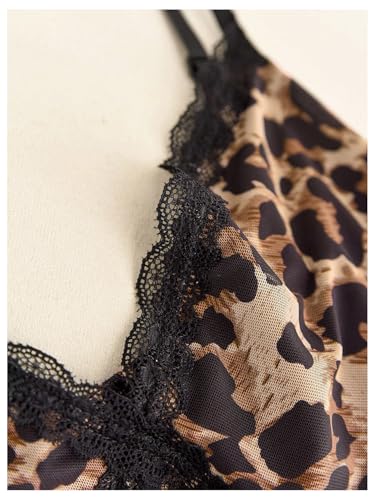 MakeMeChic Women's Plus Size Mesh Lace Leopard Print Cami V Neck Ruffle Hem Shirred Y2k Tops3