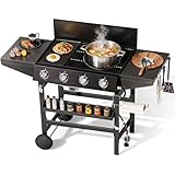 Sophia & William 4-Burner BBQ Propane Gas Grill Griddle & Stove Combo, 482 SQ.IN.Cooking Area, 52,000 BTU Gas Barbeque Grills Outdoor Cooking with Two Shelves for Outside Patio Barbecue, Black