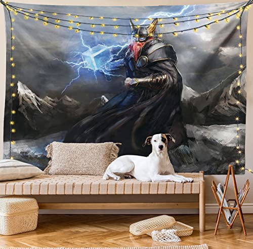 Lunarable Viking Tapestry, Thor Mjolnir And Thunder Flying Over Mountains Angry Warrior From Norse Myths, Wide Wall Hanging For Bedroom Living Room Dorm, 80" X 60", Blue Grey #TOP13
