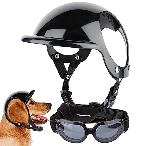 Hunde Sonnenbrille und Helm | 2 Stück Haustier Helm mit Hundebrille | Verstellbare Motorradhelme mit Weichschaum | Hundebrillen Hundehelm Set Haustierzubehör für Hunde, Kopf- und Augenschutz