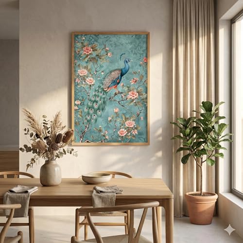 Image of Livin'luxe Elegant Peacock Floral Wall Painting with Wooden Frame | Vintage Bird Artwork HD UV Laminated MDF Wall Decor | Botanical Peacock Art for Living Room Bedroom Office Home Decoration