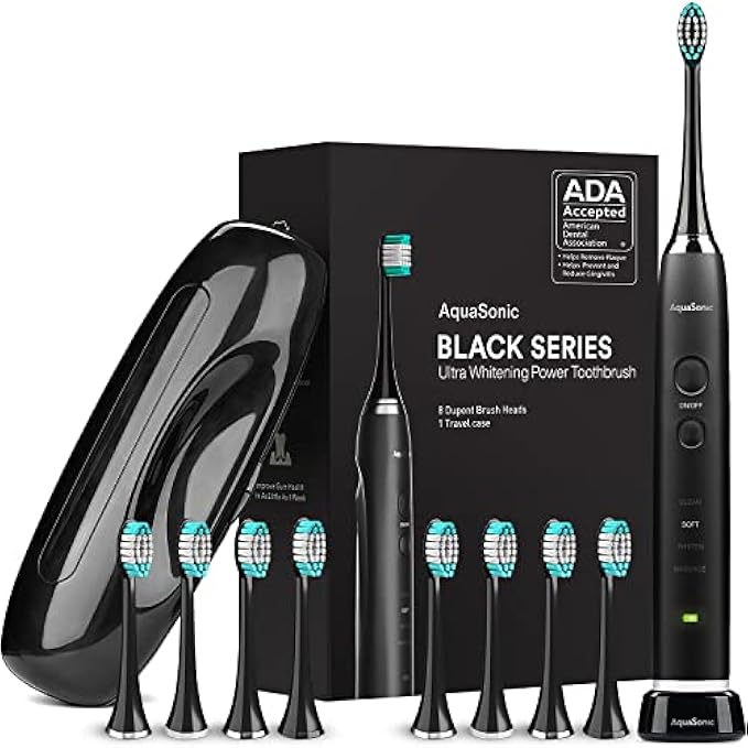 Aquasonic Black Series Ultra Whitening Toothbrush – ADA Accepted Power Toothbrush - 8 Brush Heads & Travel Case – 40,000 VPM Electric Motor & Wireless Charging - 4 Modes w Smart Timer