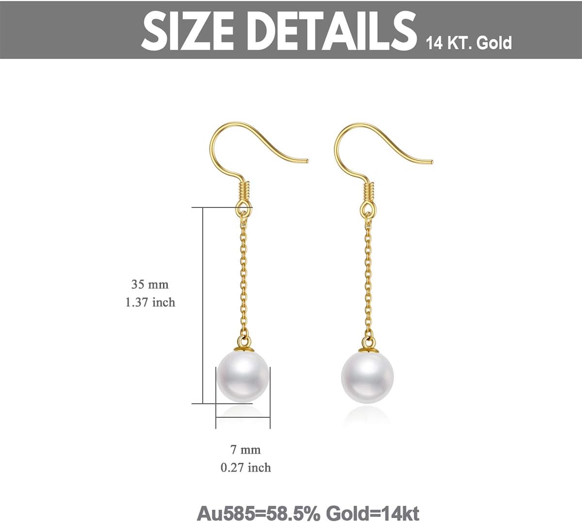14K Real Gold Drop Pearl Earrings for Women, Yellow Gold Freshwater Cultured Pearls Threader Dangle Earrings Anniversary Christmas Jewelry Gifts for Her, Wife, Mom, Sister