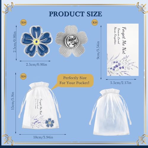 Image of 20 Pcs Bulk Memorial Pins for Funeral Guests - Flower Brooches with Poem Cards & Forget-Me-Not Design | Celebration of Life Favors, Sympathy Remembrance Gifts