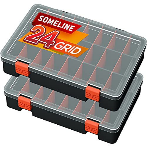 SOMELINE Kunststoff Aufbewahrungsbox Schmuckkasten für Schmuck Perlen Ohrring Zubehötritver Einstellbar Sortimentskasten mit 24 Gitter Plastik Sortierboxen 2 Stück Schwarz + Orange Grid
