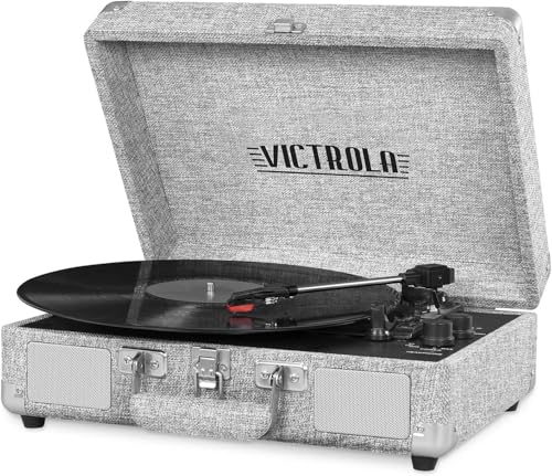 Image of Victrola Journey Bluetooth Portable Suitcase Record Player - with Built-in Speakers, 3 Speed Vinyl Record Player, RCA Out, Headphone Jack (Light Gray)