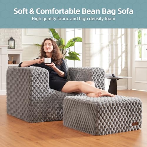 Homguava Giant Bean Bag Chair, Bean Bag Couch with Ottoman and Pillow, Bean Bag Chairs for Adults Stuffed High-Density Foam, Large Bean Bag Sofa for Livingroom Bedroom Gaming Room (Grey)