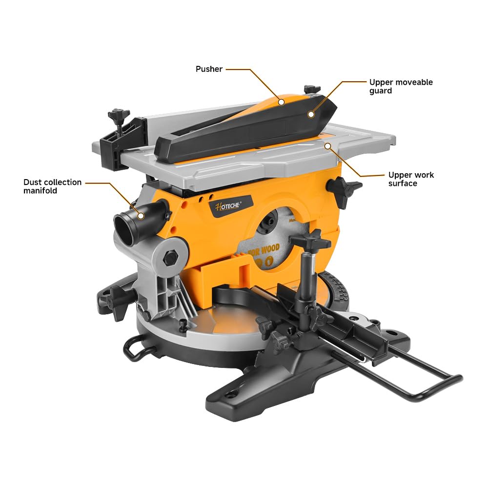 Hoteche Sega da tavolo multifunzione da 210 mm, 1200 W, 4500 giri/min, motore in rame, sega circolare da tavolo con lama per sega TCT 210 x 30 mm 24T per tagli precisi 0° 45° con accessori e barre di