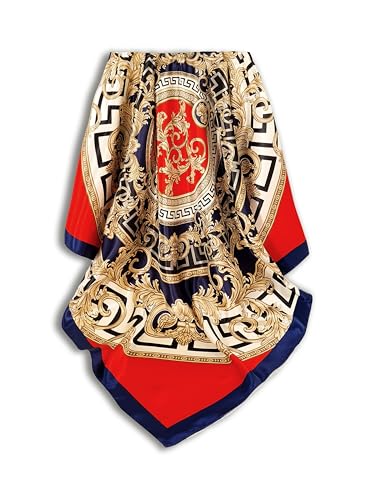 GLORIS Seidenschal Damen 90x90 cm Rot Blau mit Mäanderverzierung Elegante Seidentuch Haare Satintuch Halstuch Tuch Kopftücher Ansatz Haare Seide Bandana Tuch Kopftücher Ansatz