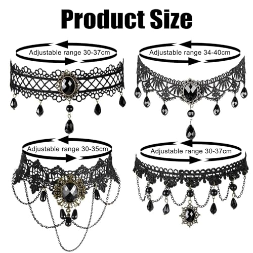 4PCS Gothic Halskette Set, Choker Kette Damen Schwarz, Spitze Halsband, Vintage Lolita Kostüm Zubehör Schmuck für Karnevals Maskerade Party