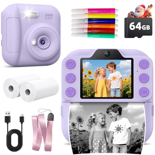 Image of Kids Instant Camera with 64GB SD Card, Portable Digital Camera Toy for Girls and Boys Ages 3-12, Toddler Christmas and Birthday Gift for 3 4 5 6 7 8 9 10 Year Old Kids (Purple)