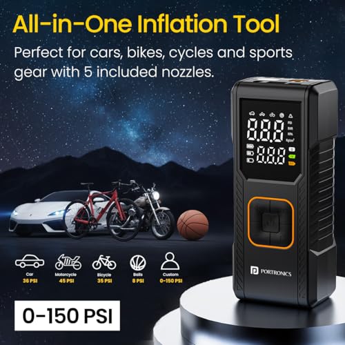 Image of Portronics Vayu 9.0 Portable & Rechargeable Tyre Inflator with 2-in-1 Cordless & Corded Modes, 3x2000 mAh Battery, LED Display, Auto Shut-Off, Type-C Fast Charging,150 PSI for Car, Bike & Sports Balls