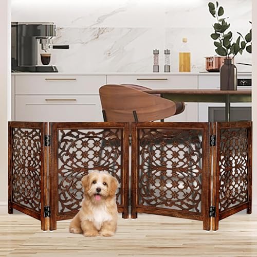 Image of Foldable Wooden Dog Gate with 4 Panels | Freestanding Pet Safety Barrier for Dogs & Puppies | Indoor Fence for Doorway, Stairs & Hallway | Portable Pet Gate (Brown)