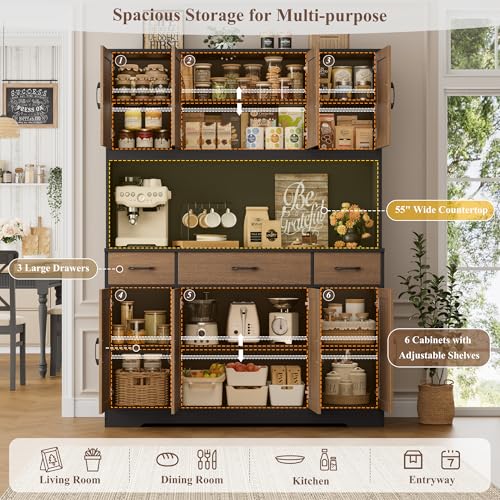 Image of HOSTACK 71 inch Tall Kitchen Pantry Cabinet, 55 inch W Kitchen Hutch, Brown /Black | Large Pantry Starge Cabinet with Charging Station / Countertop / Drawer, Farmhouse Hutch Cabinet with Storage for Dining Room