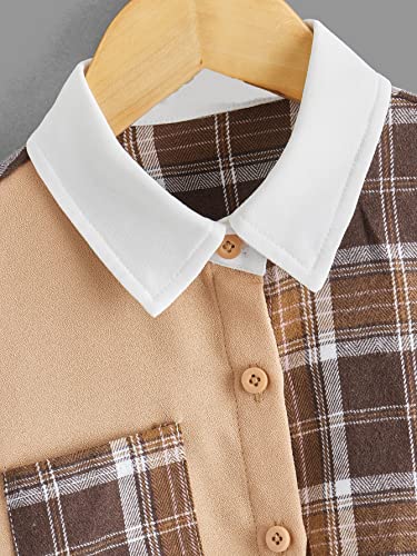 WDIRARA Girl's Plaid Color Block Button Down Shirt Long Sleeve Pocket Blouse Preppy Top3