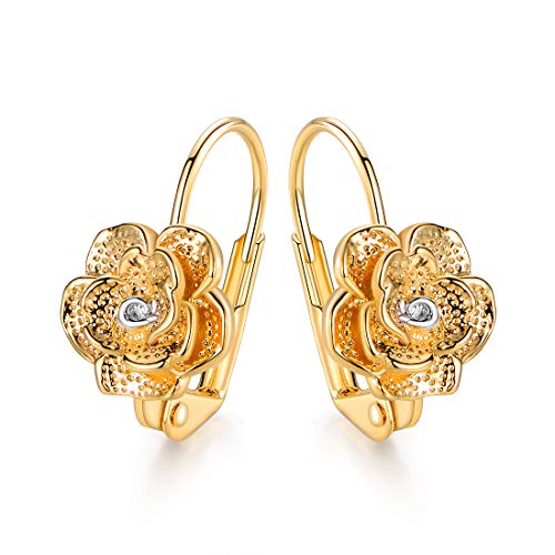 Barzel 18k Gold Plated Flower Earring For Women, Leverback Closure - Made in Brazil