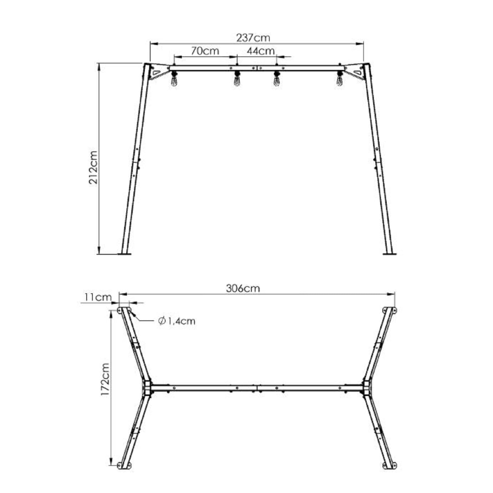 QLS Struttura acciaio per altalena doppia/nido 200 kg | Acciaio verniciato 60 x 60 x 2 mm, misure 306 x 172 x 212 cm, seduta e corde escluse