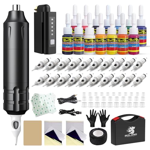 Solong Tattoo Gun Kit with Wireless Rotary Machine and Accessories