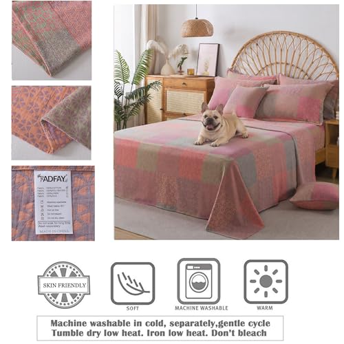 Image of FADFAY Queen Sheets Set 100% Cotton Washed Double Gauze Muslin Bedding 4Pcs Boho Patchwork Checkered Floral Sheets Shabby Geometry Farmhouse Bedding Super Soft Deep Pocket Fitted Sheet, Queen Size
