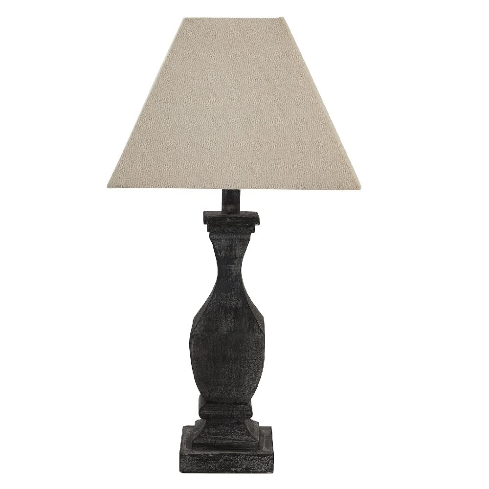 Dark Grey Washed Wood Vintage Rustic Fluted Urn Column Table Lamp with Linen Fabric Square Tapered Shade | 53cm Height | 1 x ES E27 Lamp Bulb Required | in-Line On Off Switch | Wooden Hand Carved