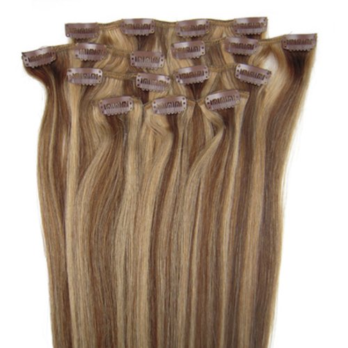 8PCS 100% Remy Real Human Hair Clip in Extensions 20" Straight (4/27 Chocolate Brown/Dark Blonde)