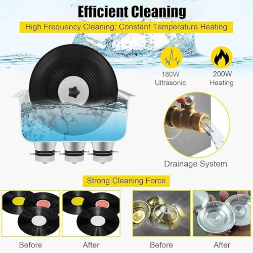 Macchina per la pulizia dei dischi in vinile ad ultrasuoni, pulizia profonda 6L con temperatura regolabile (0-80 ℃) e temporizzazione (0-30 minuti), 180 W, frequenza 40 kHz per ripristinare dischi in