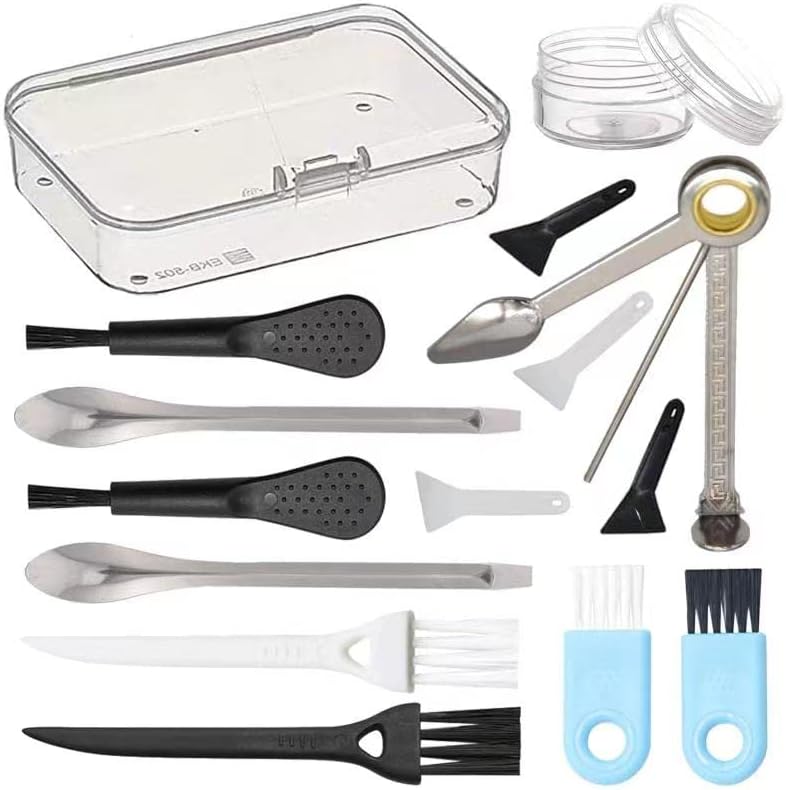 Black Cleaning Kit with 3 in 1 Tool and Storage Box - 4 Scrapers, 6 Brushes (3 Types), 2 Spoons, Plastic Jar