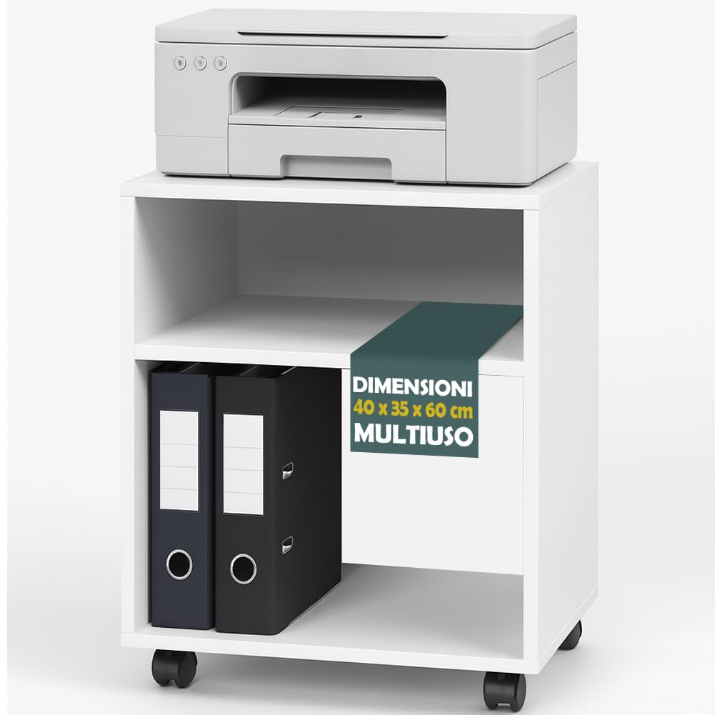 BAKAJI Mobile Ufficio Porta Stampante con Ruote Salvaspazio, Mobiletto Multiuso con 2 Scomparti e 3 Ripiani, Tavolino per Casa, Bagno, Studio in Legno Bianco 40 x 35 x 60 cm