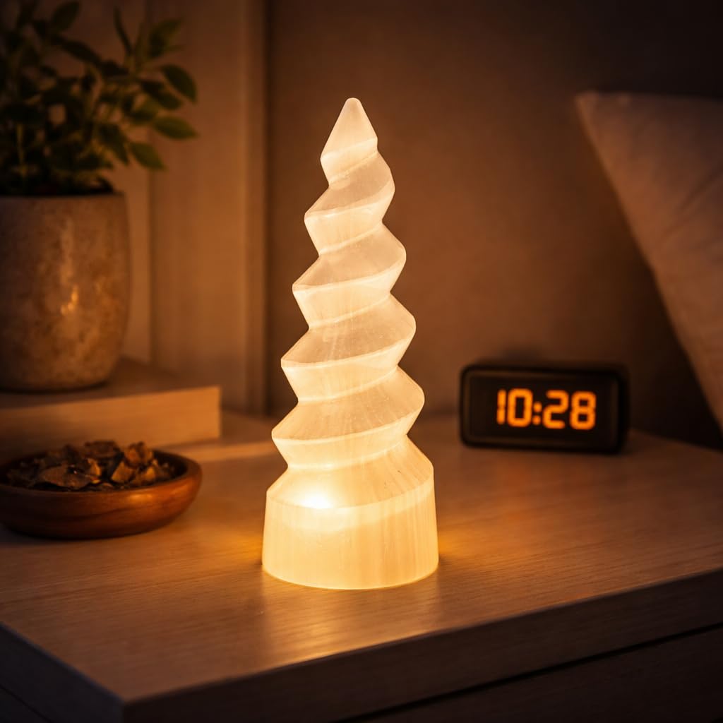 NKlaus Torre de selenita en espiral, 14 cm, piedra curativa para meditación, equilibrio de chakras y energía espiritual, decoración elegante y piedra protectora