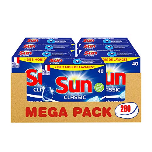 Sun Tablettes Lave-Vaisselle Classic x280, Formule concentrée, efficace en cycle court, Vaisselle étincelante et protégée 280 Lavages (Lot de 7x40 Lavages)
