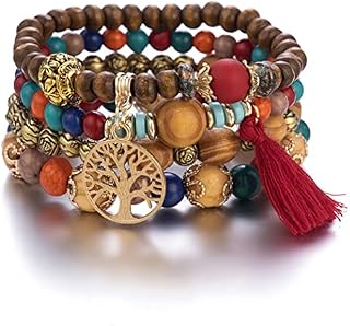 Branets Bohemian Wood Beaded Bracelets for Women Multilayer Stretch Tassel Bracelets Set Tree of Life Charm Love Statement Bangles