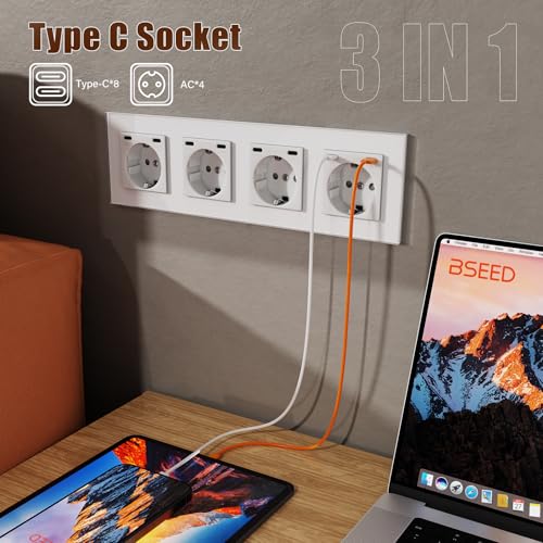 BSEED Steckdose mit USB C(5 V 2.1A),Unterputz Steckdose (Typ C und Typ C),16A 250V 4 Fach Wandsteckdose,2*USB C Einbausteckdose Geeignet f&uuml;r Phone,Pad-299mm*86mm,Wei&szlig;