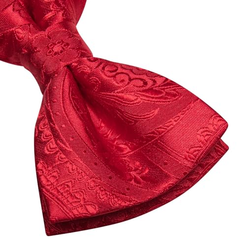 Image of Hi-Tie Bow Tie Men Pre Tied Bowtie Pocket Square Cufflinks Lapel Pin Formal Wedding Bow Ties for Men Party Tuxedo Bowtie Set,Red Paisley Floral