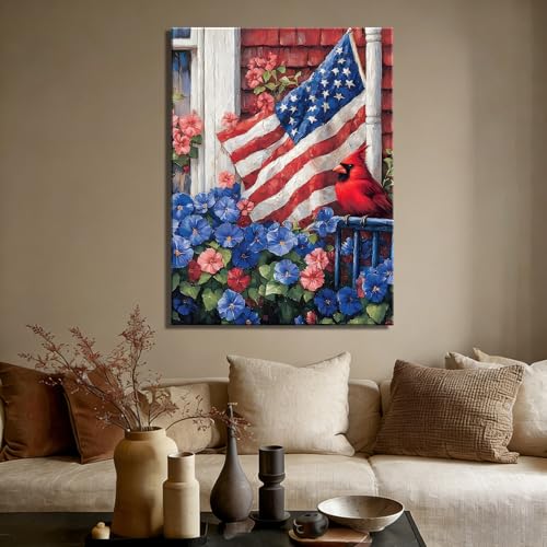 Image of RIBNTAK Patriotic Red, White & Blue Floral and Cardinal Wall Art, American Flag Garden Painting for Independence Day, Perfect for 4th of July Wall Decor and All-Season Home Display