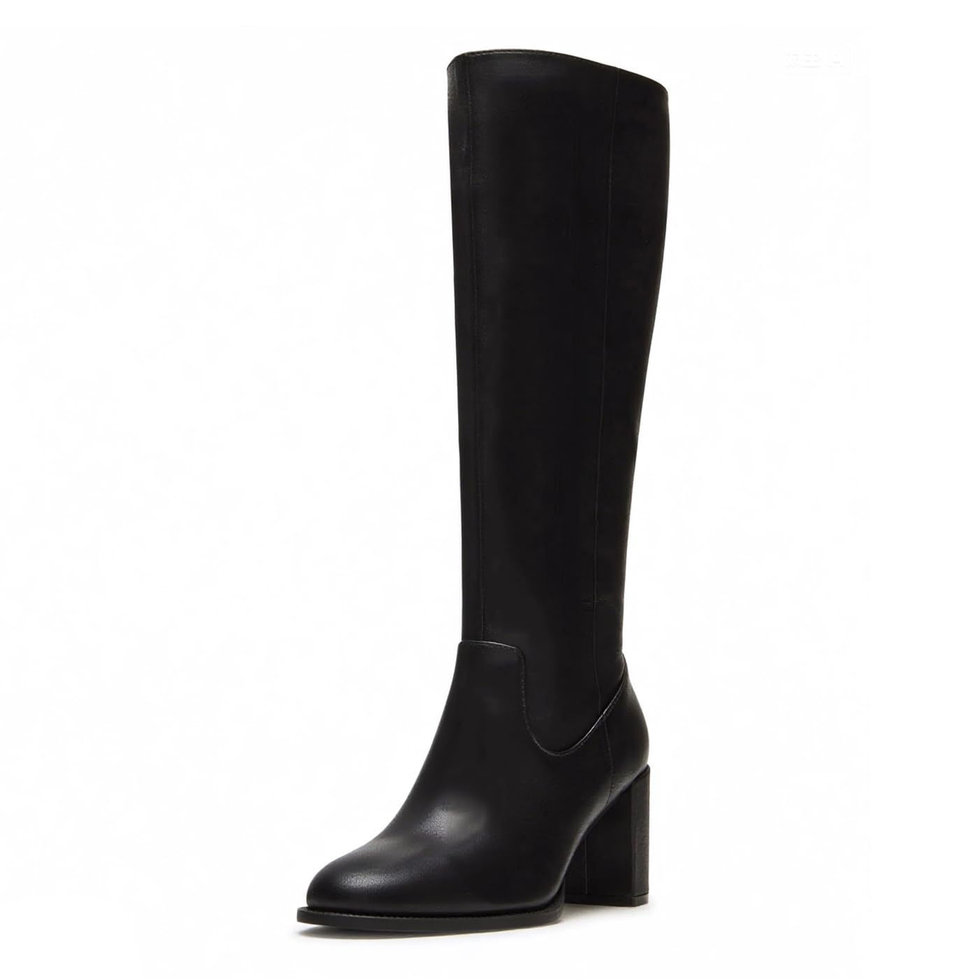 Dsevht Black Leather Knee High Boots for Women Chunky High Heeled Side Zipper Round Toe Fashion Dress Tall