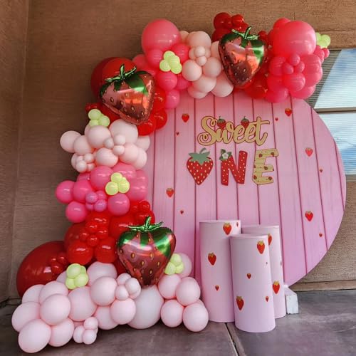Image of JOGAMS 178Pcs Strawberry Balloon Arch Garland Kit with Pastel Orange Strawberry Foil Red Polka Dot Balloons for Berry First Sweet One Strawberry Theme Birthday Baby Shower Party Decorations for Girls