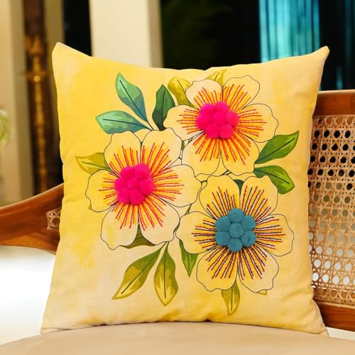 Image of picknMAKE Beginners for Set Kit Embroidery Hand Cover Cushion DIY 2 of Pack - Covers Pillow Cross-Stitch Bloom Floral | Decor Home | 16 inchx16 inch | Pattern Printed Digitally | Included Materials All