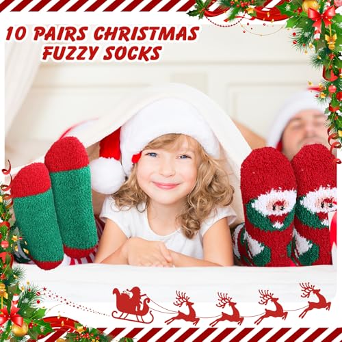Image of 10 Pairs Christmas Fuzzy Socks Bulk Winter Fluffy Unisex Women Men Crew Slipper Sock Stocking Xmas Adult Gifts