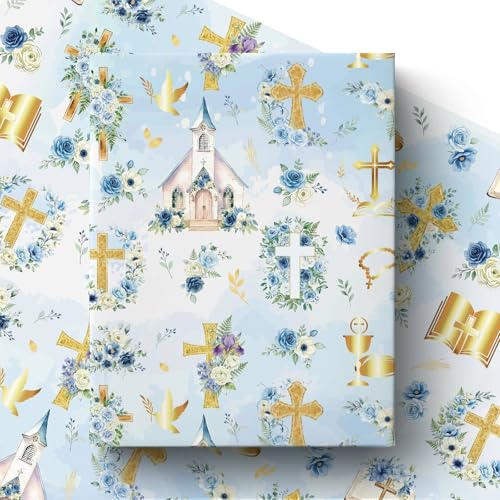 Liobelon Blue Floral Bible Wrapping Paper Roll - 17Inch x 16.4Ft - Cross & Church Design Religious Gift Wrap Christian Party Gift Packing Supplies for Baptism First Communion Confirmation