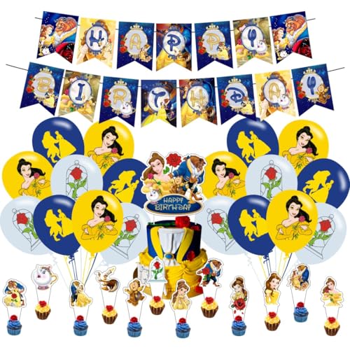 Princess and the Beast Birthday Decorations Include Happy Birthday Banner Cake Topper and Cupcake Toppers Balloons for Girls Party Supplies