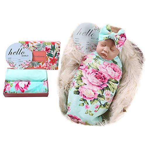Image of Galabloomer Newborn Swaddle Blanket with Headband Set Baby Girl Receiving Blanket Aqua Flower