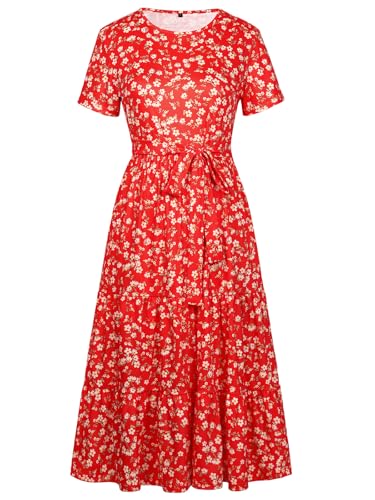 Image of Lyrur Women's Dresses Casual Summer Tiered Midi Dress Short Sleeve Belted Ruffle Babydoll Boho Sundress with Pockets