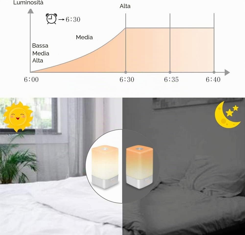 Sveglia luminosa a LED, sveglia luminosa con funzione di alba, touch screen, 5 suoni della natura, sveglia a luce diurna, portatile per la tua buona vita.