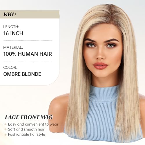 Image of KKU 16 Inch Human Hair Wig Real Hair Wigs for Women C Side Lace Wig Perfect Style for Any Occasion Light Blonde